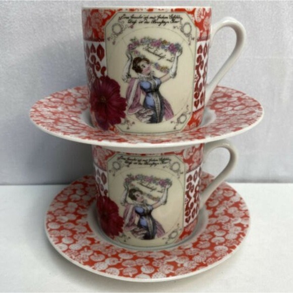 Gloria Vanderbilt Other - Vintage Gloria Vanderbilt 2 Piece Set Demi Teacups & Saucers Mushrooms Reds